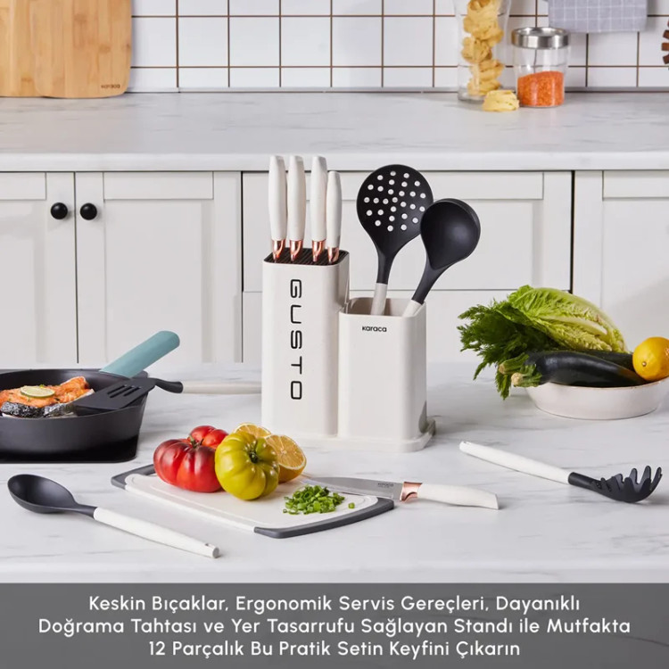 سرویس چاقو و تخته برش 12 پارچه کاراجا Gusto کرم